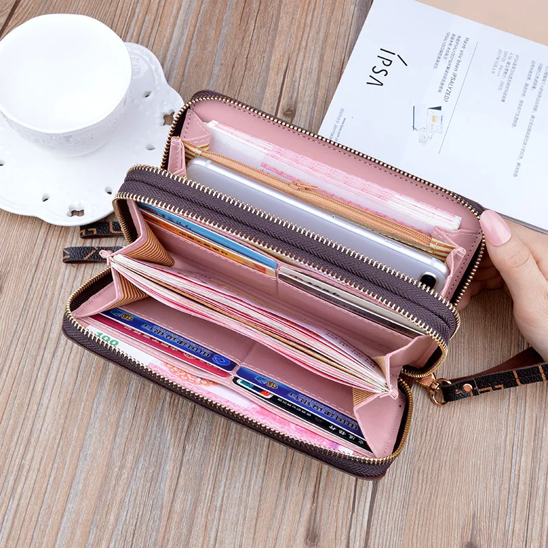 Women PU Leather Letter Pattern Long Style Fashion Large Capacity Double Zipper Wallet Hand Mobile Phone Bag Case with Lanyards