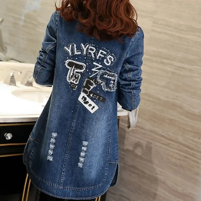 5XL Women Denim Jacket Spring Autumn Mid-Length Loose Long Sleeved Jackets Windbreaker Female Long Denim Coat 472