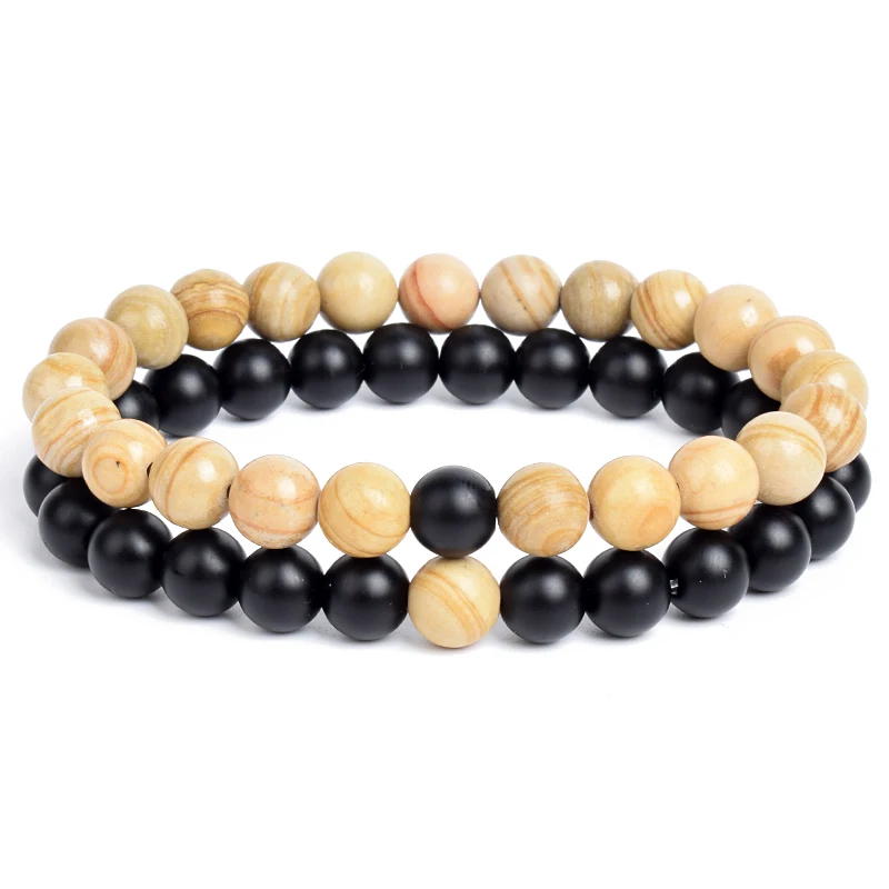 2pcs/Set Bracelet Couples Distance Black White Natural Stone Lava Tiger Eye Beaded Yoga for Men Women Elastic Rope Jewelry Gift