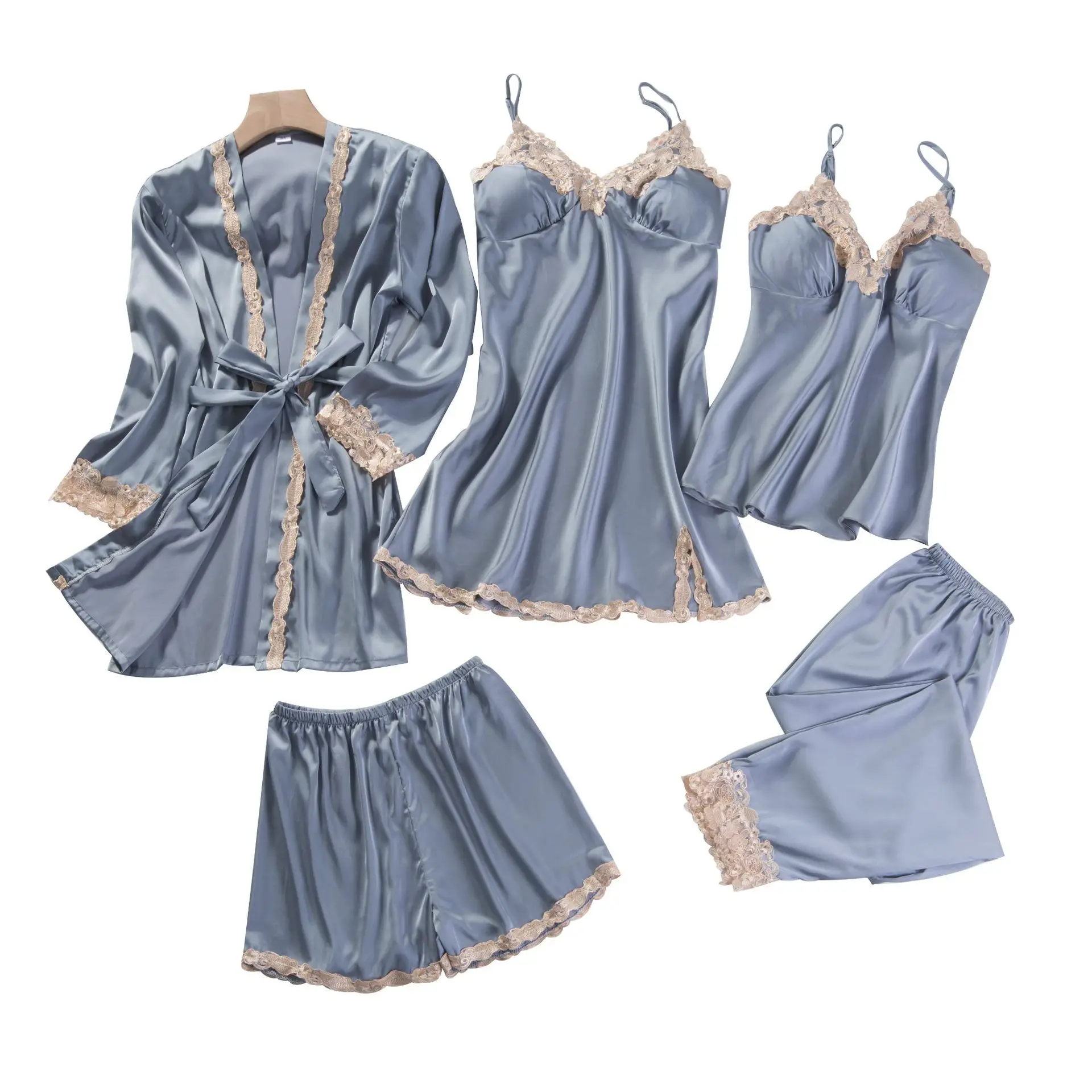 5 Pieces Pajamas Set Women Kimono Gown Satin Silk Sleepwear Casual Nightwear Intimate Lingerie With Lace Sexy Bathrobe Pyjamas