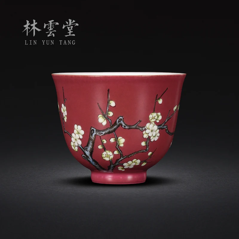 Lin Yuntang hand-painted plum carmine hostess cup single cup jingdezhen ceramic imitation kung fu sample tea cup by hand