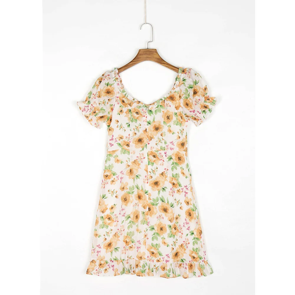 Vestidos para as mulheres 2021 querida pescoço plissado borda mini vestido de verão manga curta puff férias boho floral impressão praia vestido