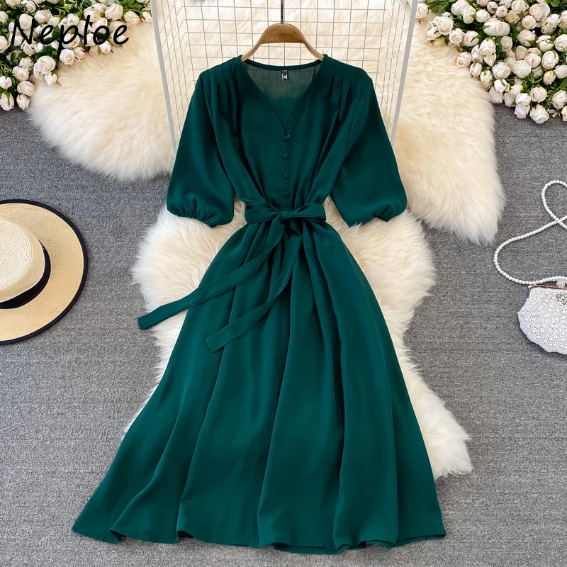 Neploe All-match Temperament V-neck Vestidos De Mujer Belt Slim Waist Big Hem Maxi Dress for Women Solid Color Robe 2024 New