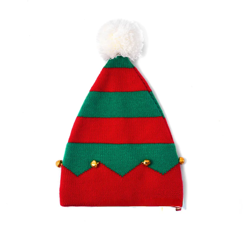 Toddler Kids Christmas Knitted Elf Hat with Small Bells Contrast Color Wavy Stripes Crochet Pompom Santa Cap Party Supplies