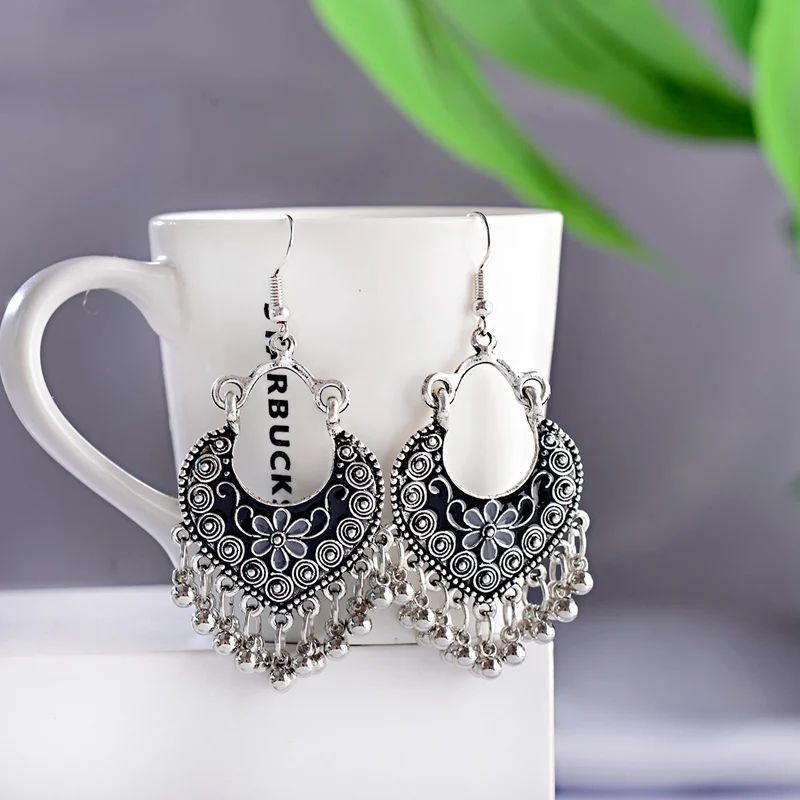 Boho Gypsy Tassel Indian Drop Earrings 2020 Women Orecchini Jewelry Ladies Retro Blue Flower Silver Color Jhumka Earrings
