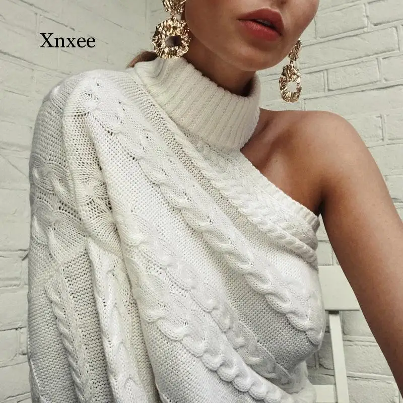 Women Off-Shoulder Single-Sleeved Irregular Knitting Sweater Autumn Winter Solid Turtleneck Twist Shirt Fashion Sexy Female Top