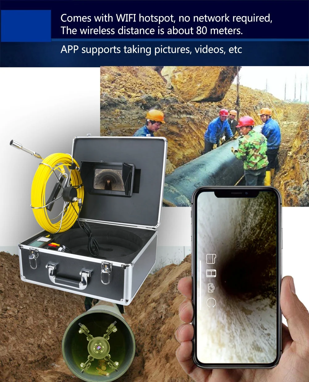 

20M/30M/50M/7inch HD1080P Drain Sewer Pipeline Industrial Endoscope Pipe Inspection VideoCamera with DVR recording/ WIFI wirless