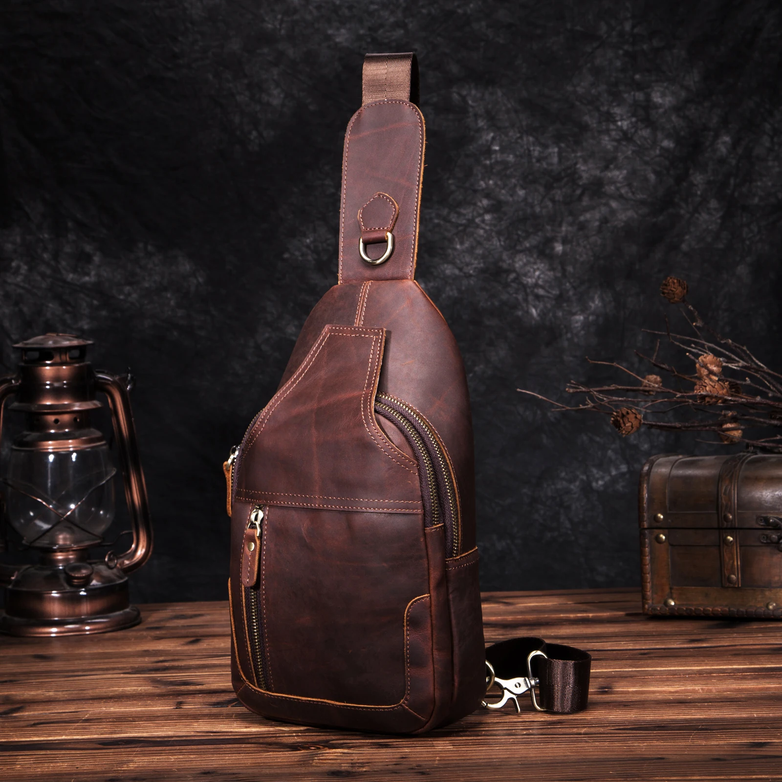 Crazy Horse Leather Men Casual Fashion Travel Triangle Chest Sling Bag Design 8\