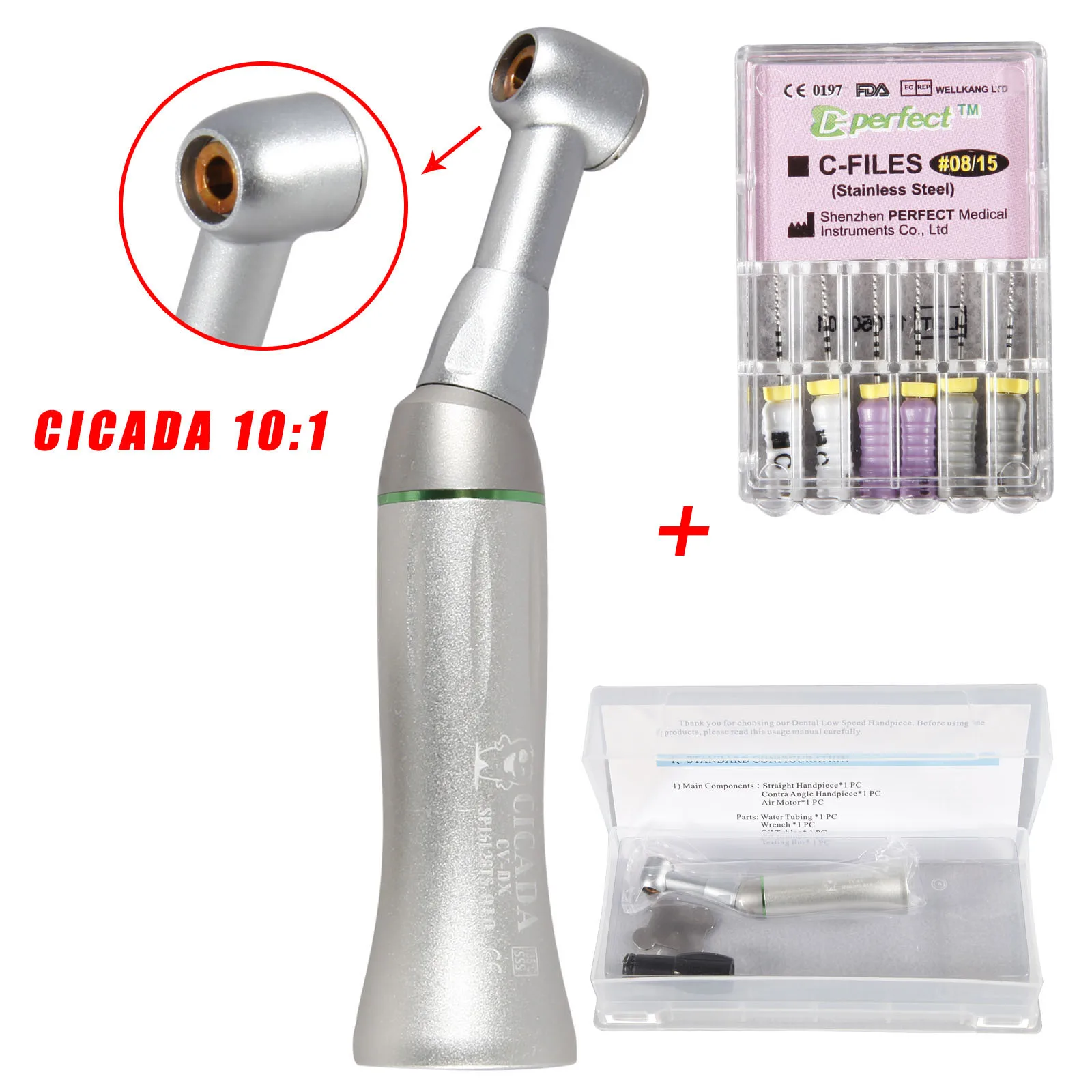 For Endodontic Treatment Dental 10:1Reduction 90° Reciprocating Rotate Head contra angle handpiece+Handpiece Use Files C