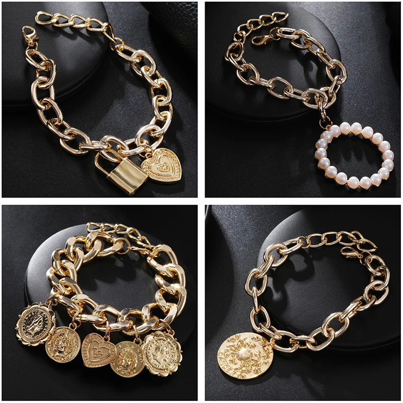 2020 Big Gold Bracket Punk Chain Coins Bracelet Retro Jewelry Female HipHop Multi Relief Portrait Geometric Pendant Bracelets