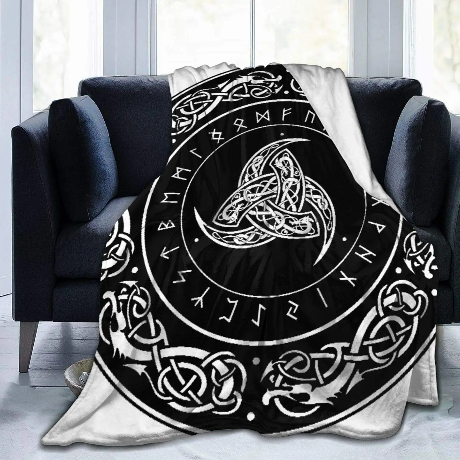 Soft Fleece Throw Blanket Home Decor Gothic Triple Horn of Odin Decorated Scandinavic Ornaments and Runes Norse Amuletfor Kids