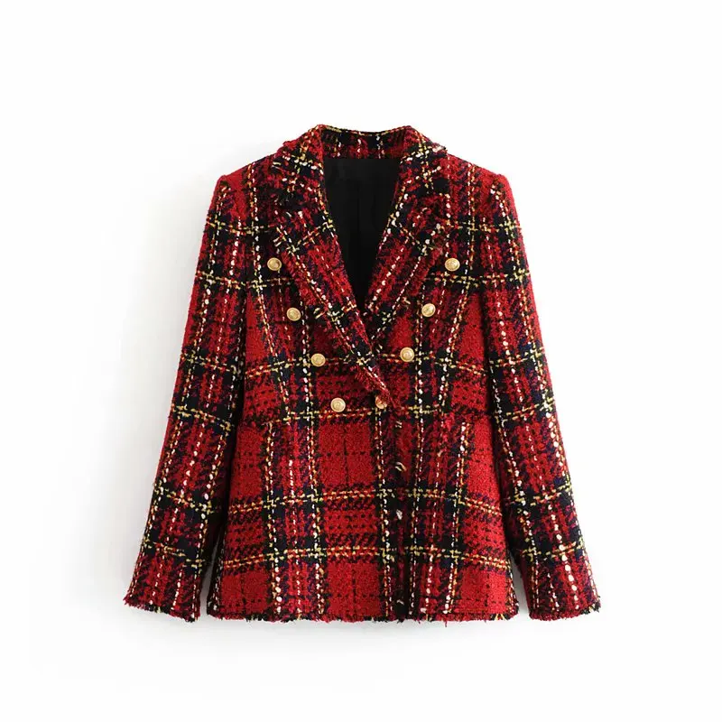 Red Plaid Blazer 2021 Women Spring-Autumn Vintage Tweed Suits Jackets Office Ladies Chic Slim Blazers Girls Tassel Tops Set Coat