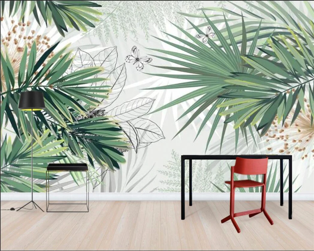 

Customized 3d wallpaper Nordic hand-painted tropical plants fresh rainforest indoor TV drama background wall 3d wallpaper mural