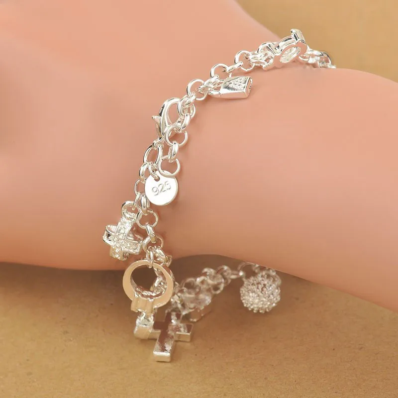 Exquisite Top Quality 100% 925 Sterling Silver Charm Pendants Woman Bracelet,Nice Cross Moon Heart Clock  Pendant Jewelry image 2