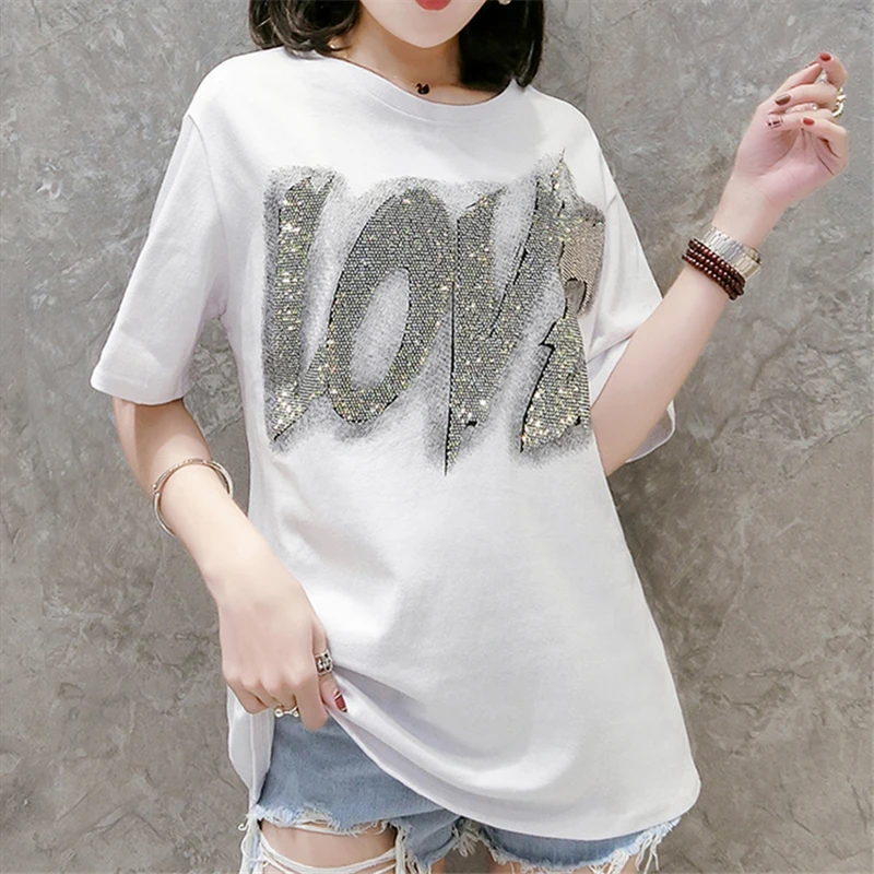 

Women's Harajuku Cotton Tshirt Women Hot Drilling Diamond T-shirt Letters T-shirts Loose Short Sleeve Pullover Shirt