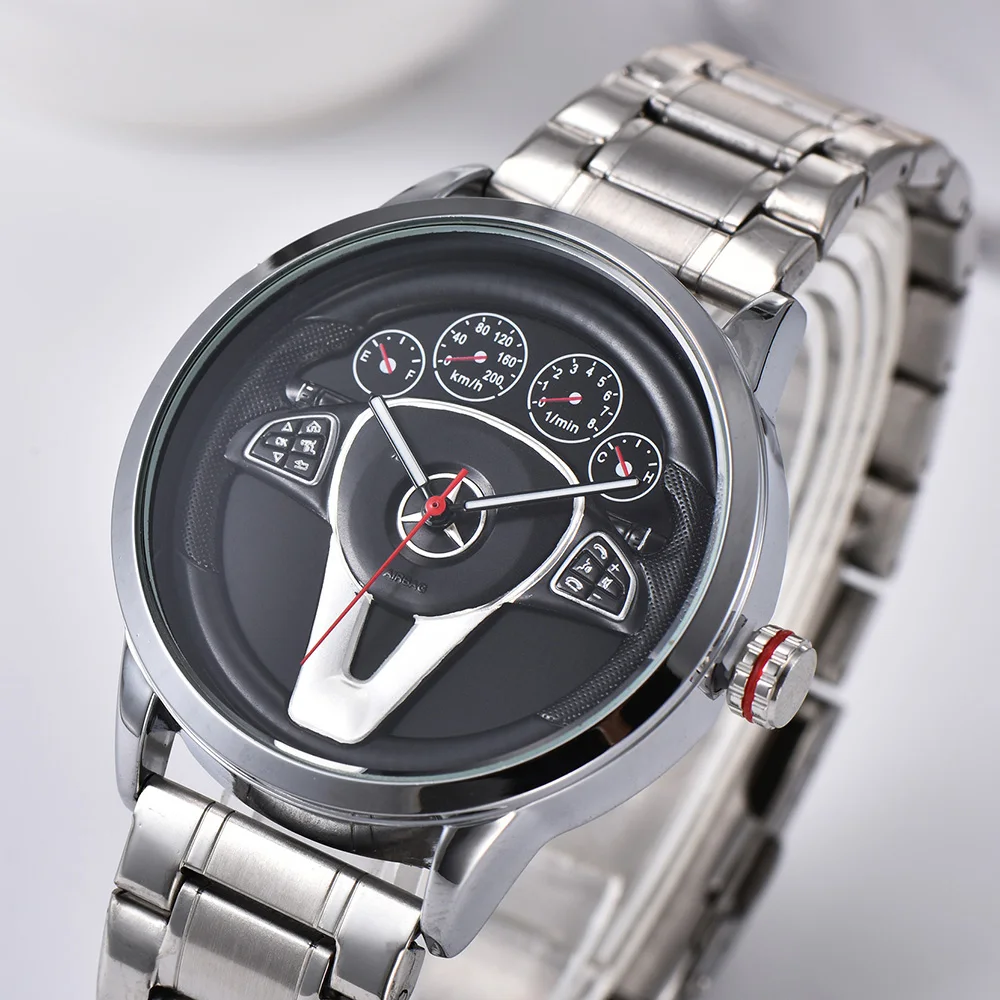 Casual Personality Classic precision Men\'s Quartz watch Racing Free Stainless Casual Sports 3D Car Steering Wheel Clock