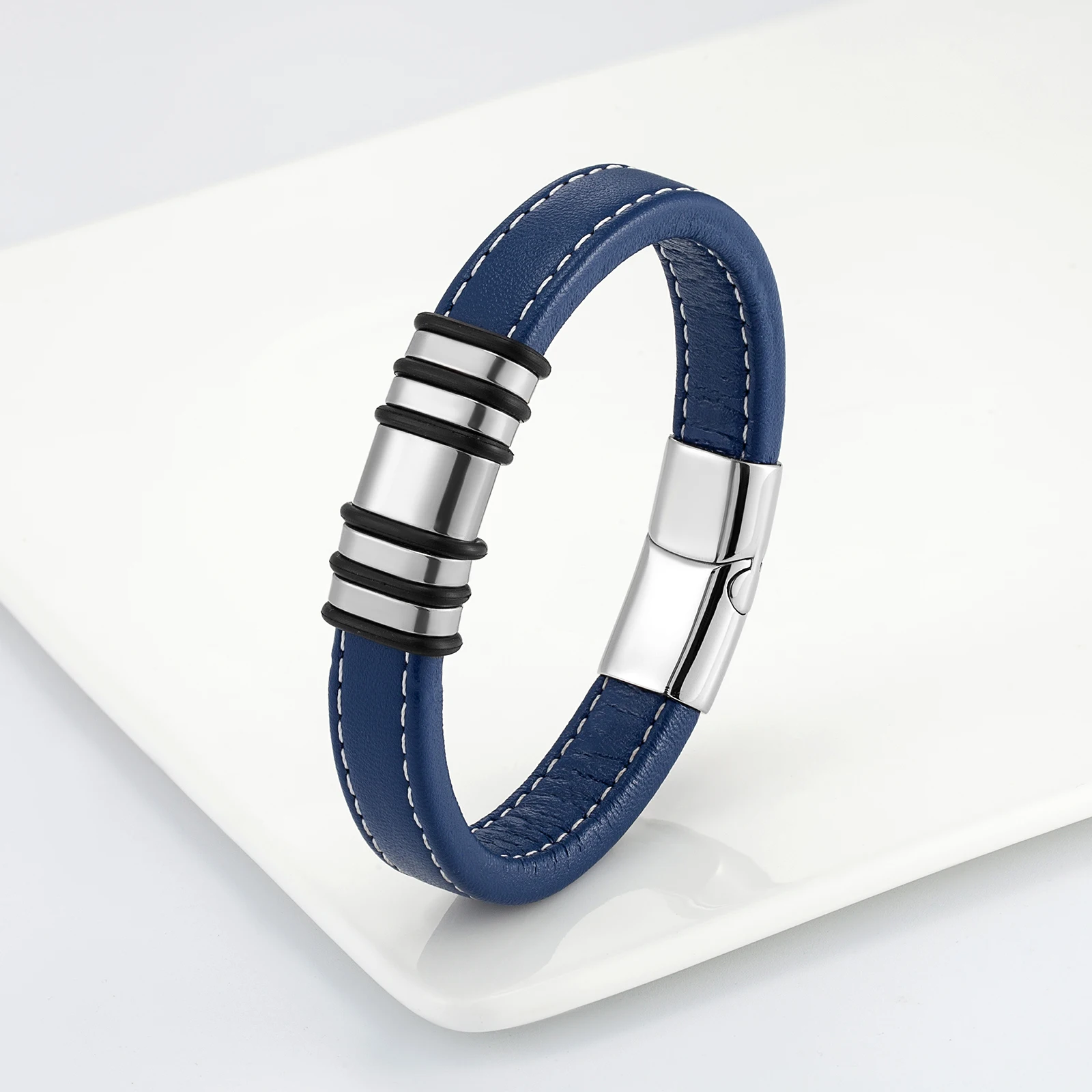 2021 New Fashion Simple Punk Style 5 Ring Stainless Steel Men\'s Classic Bracelet Blue Wide Leather Rope Charm Bracelet