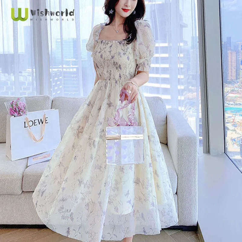 

2021 Summer New French Ink Painting Bubble Sleeve Lace Chiffon Dress Sweet Printed Princess Casual Mini Dresses Party Sundress