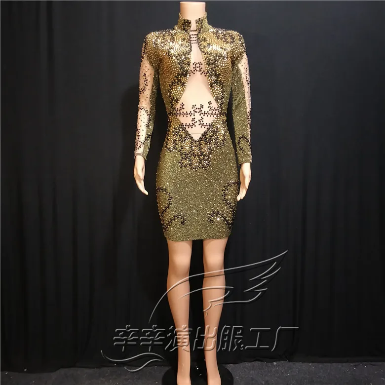 

Women New Sexy See-through Golden Black Rhinestones Dress Big Stretch Long Sleeve Bar Nightclub Concert Singer Dancer Costume