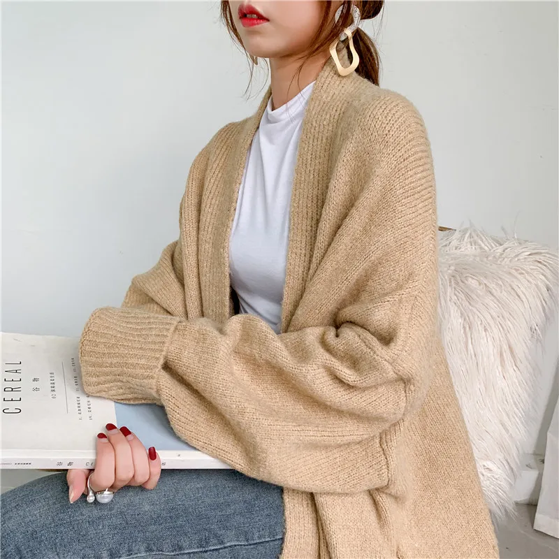 [ZAYAU]Autumn and Winter Relaxed Lazy Wind Long over Knee Thick Line Alpaca Cashmere Knitted Cardigan Thickened Large Size Coat