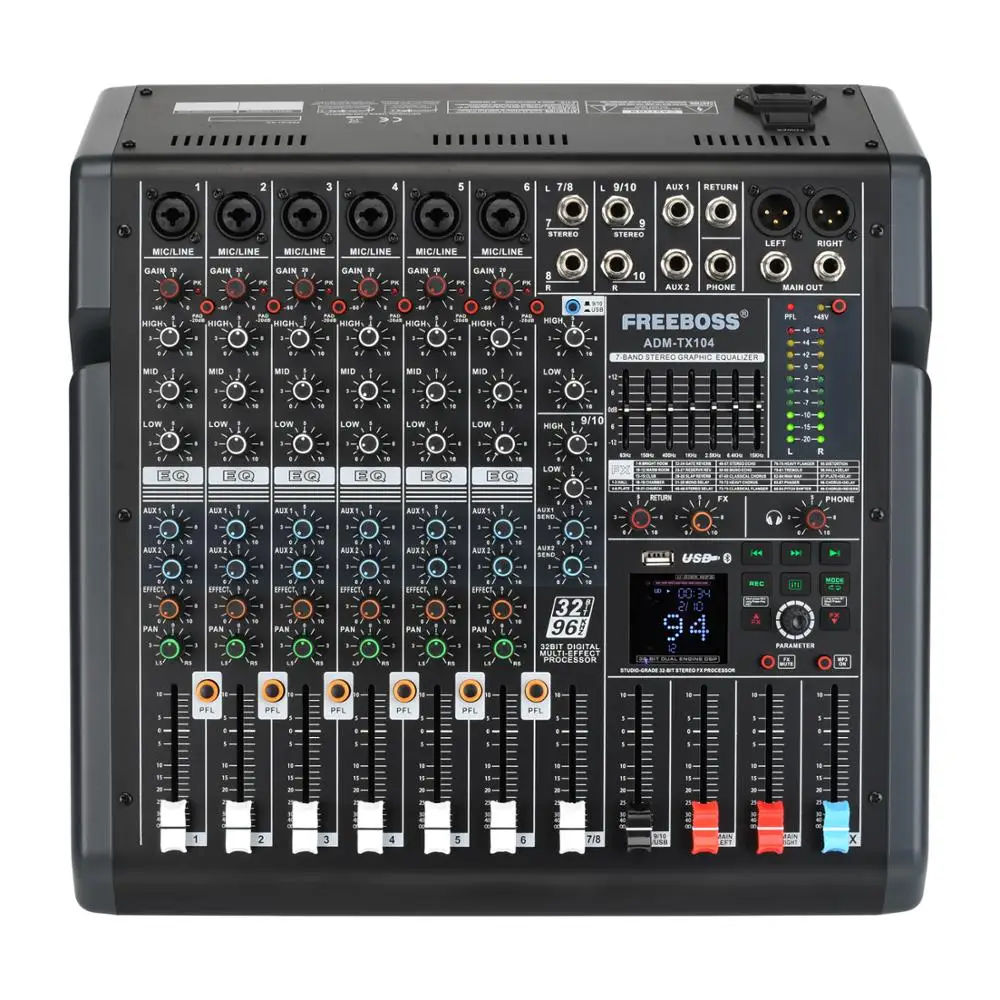 Freeboss ADM-TX104 10 Kanäle + 48V 7-Band Graphic EQ 99 DSP Effekte USB Spielen und Rekord 2 AUX Bluetooth Professioan Audio Mixer