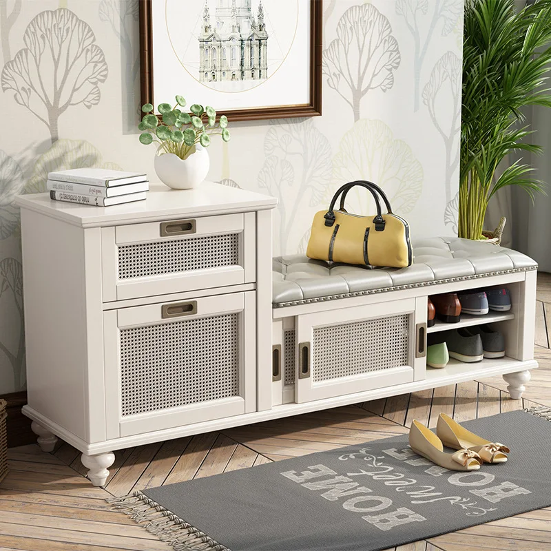 American Solid wood shoe bench shoe cabinet door entry shoe bench European style sofa stool multi-layer storage storage stool