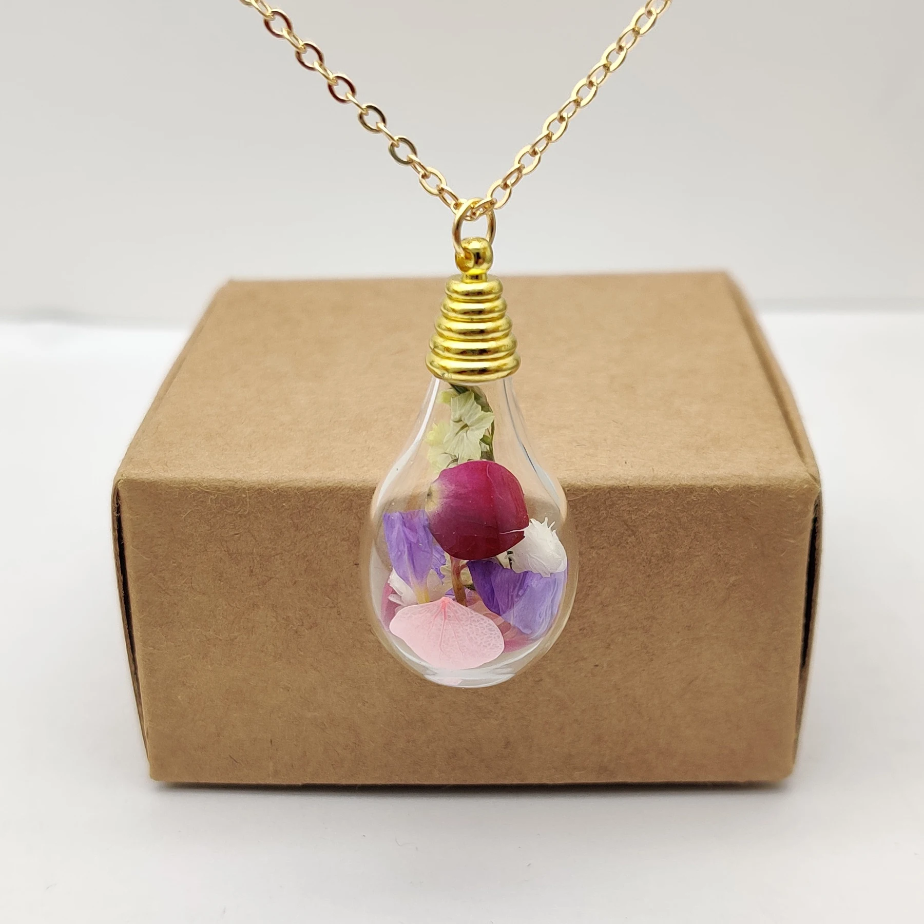 Babysbreath Rose Forgetmenot Hydrangea Drop Glass Pendant Gold Color Chain Long Necklace Women Boho Fashion Jewelry Handmade