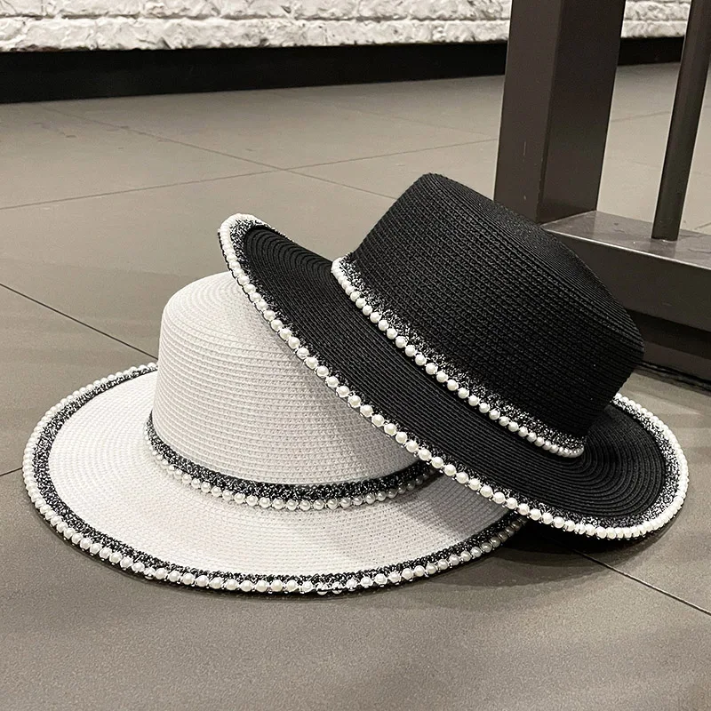 

New Summer Women Hats Visor Fitted Hat Brim Jazz Travel England Elegant Pearl Beach Caps Straw Hat Female Casual Panama Sun Hat