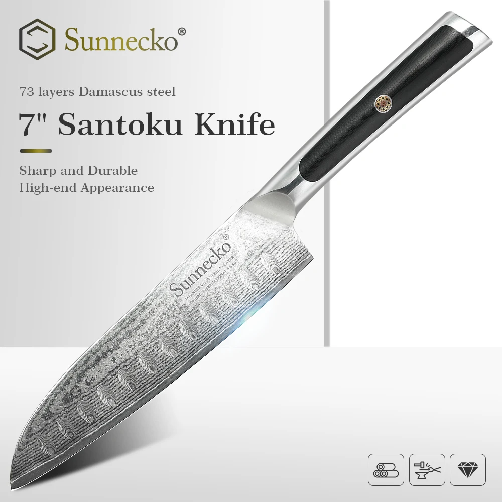 SUNNECKO 7'' Damascus Santoku Knife Japanese VG10 Steel Blade Kitchen Knives Sharp Meat Vegetable Cutter Tool G10 Handle