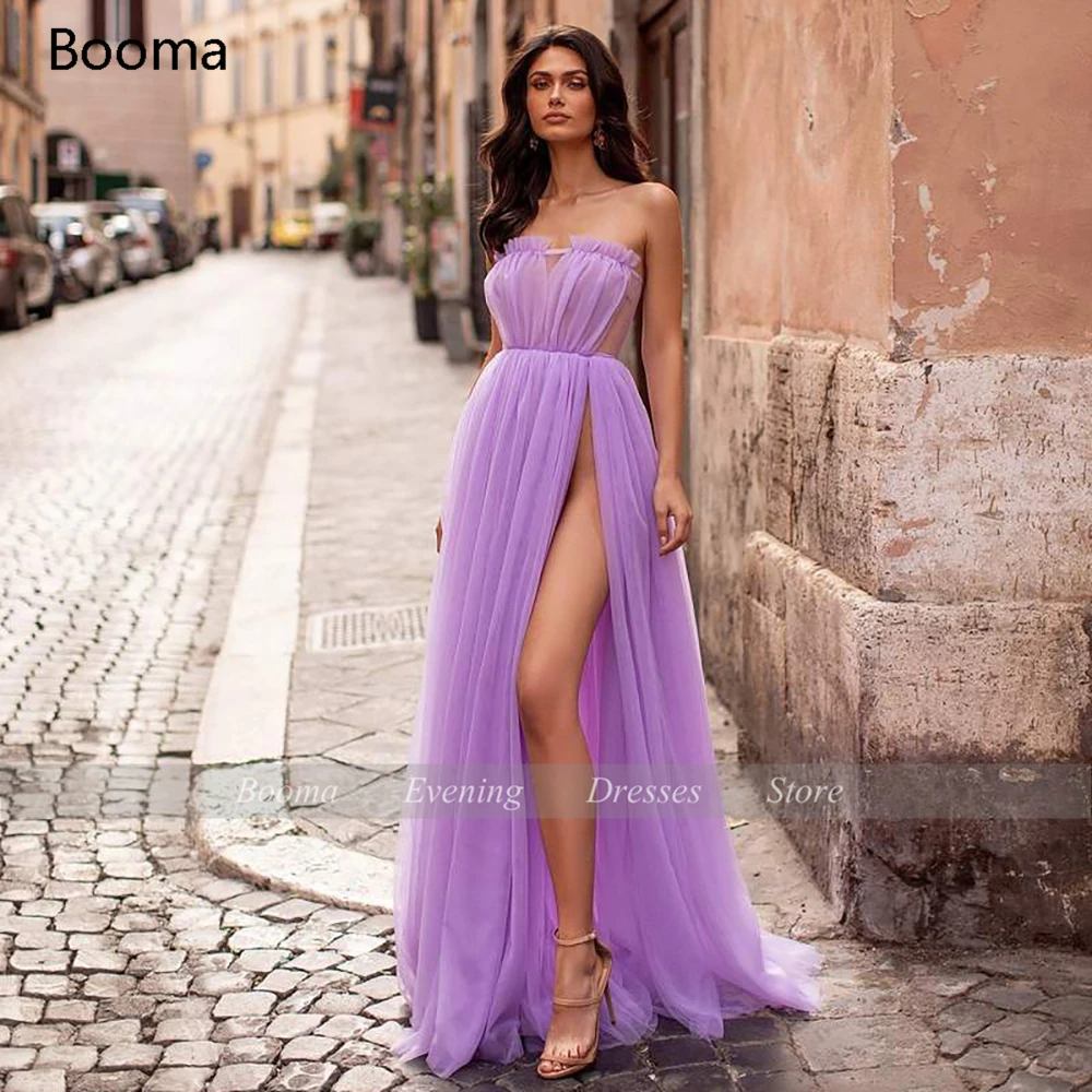 Vestido de baile sem alças estilo lavanda, vestidos de festa e festa de fenda alta e sem manga, plissado, de tule transparente