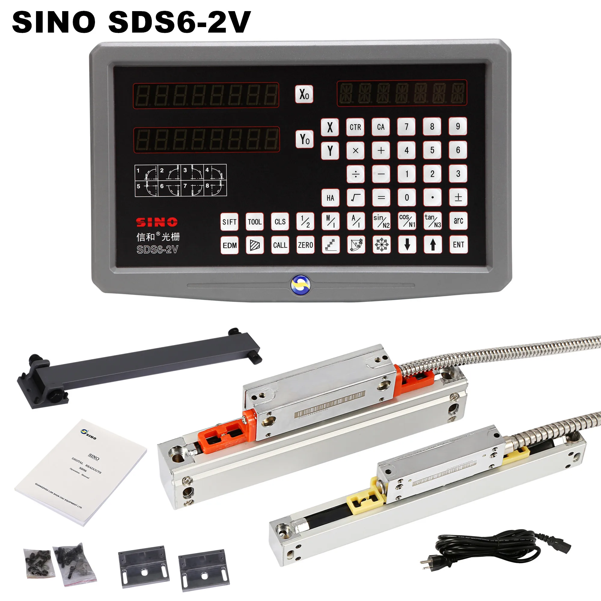 Complete Set Sino DRO Kit SDS6-2V 2 Axis Digital Readout With 5u KA-300 Grating Ruler and KA-500 Slim Linear Glass Scale Encoder