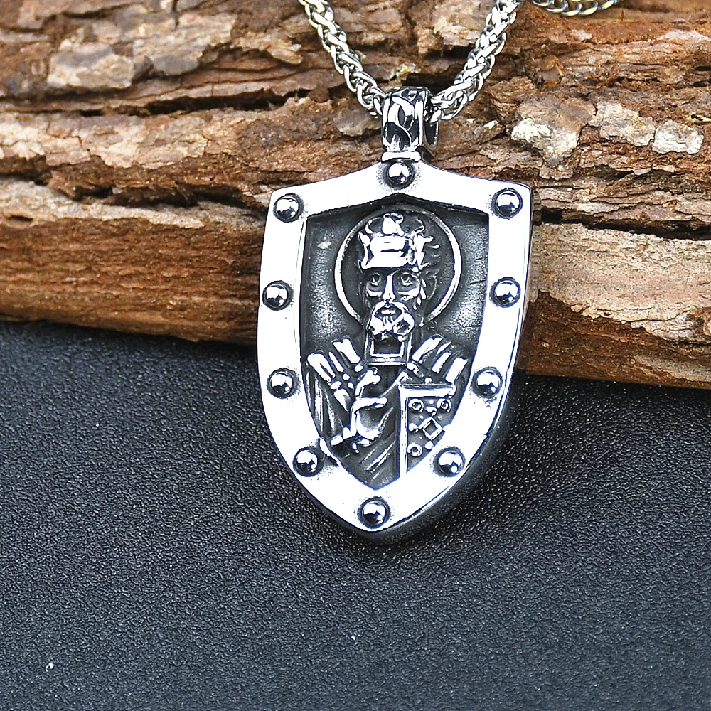 Vikings Shield Nordic Runes Amulet Stainless Steel Saint Nicholas Pendant Necklaces Christian Jewelry As Gifts