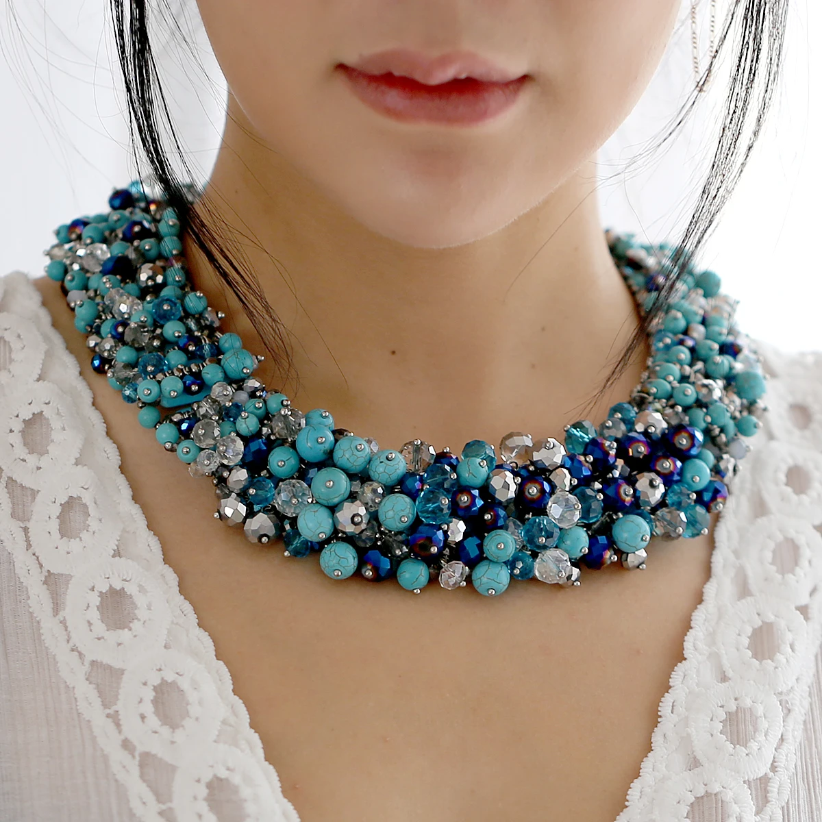 HAHA&TOTO New Double Layers Crystal Beads Imitation-turquoise with Silver Plated Statement Necklace Chunky Choker Jewelry