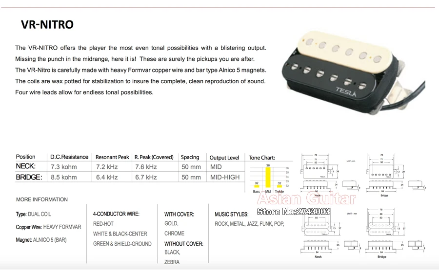 Tesla VR-NITRO Humbucker Guitar Pickup, Alnico Wax Potted Pickup, Cream Color, Neck or Bridge Position