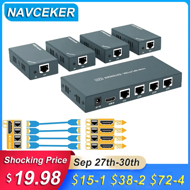 1x4 przedłużacz HDMI RJ45 60m HDMI nieuczciwych praktyk handlowych Splitter przedłużyć 1080P HDMI Cat5e Cat6 Extender HD przedłużacz HDMI