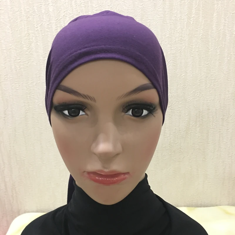 H048 Plain Cotton Tie Back Hats Muslim Turban Pure Color Stretch Inner Hijabs Underscarf Women Head Scarf Under Hijab Bonnet