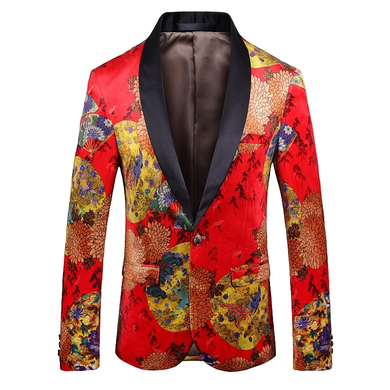 

Digital Printing Men's Suit Long Sleeve Suit Stage Performance Clothes Chinese Style Jacket Blazer Two Button Plus Size Coat