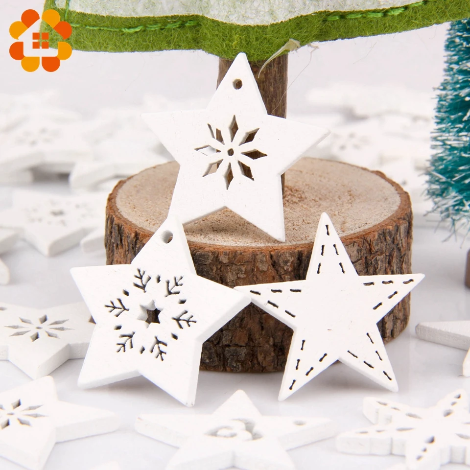 50PCS/lot Multi Colorful Christmas Series Wood Chip Pendant Christmas Tree Decorations Star Heart Snowflake XMAS Ornaments Decor