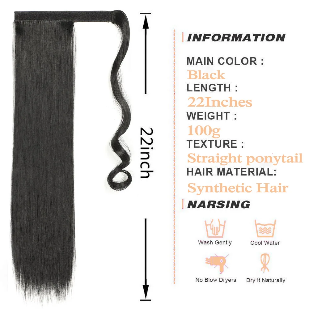 Cola de Caballo sintética para mujer, extensiones de cabello con Clip de 22 pulgadas de largo, cola de caballo recta, cola de caballo Yaki, pelo