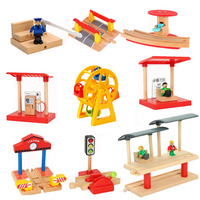 Wooden Train Tracks Scene Accessories Wooden Double Platform Gas Station Airplane Airport Educational DIY Toys For Children