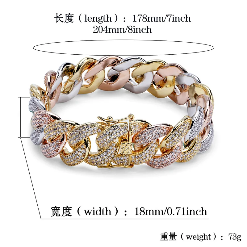 18mm wide Two Tone Color AAA+ CZ Zircon Paved Ice Out Bling Round Cuban Miami Curb Link Chain Bracelets for Men Rapper Jewelry