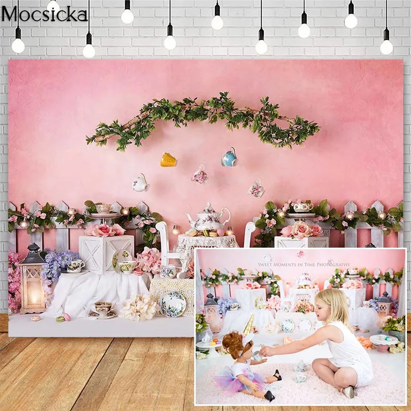 

Pink Wonderland Tea Party Backdrops Girl 1st Birthday Cake Smash Photo Props Studio Booth Background Flower Decor Photoshoot