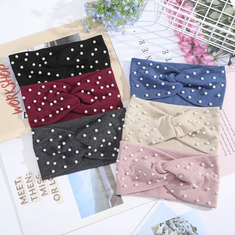 Molans Women Headbands Pearls Hair Bands Knitted Turban Bandana Autumn Winter Elastic Hairband Warm Hair Accessories Headdress