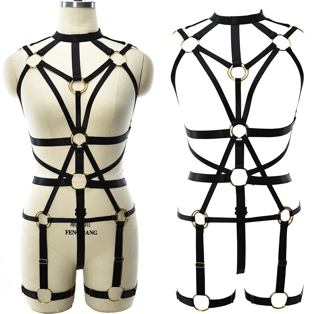 

Sexy Hollow Harness Black Body Bondage Belt Leg Garter Open Chest Bra Punk Gothic Lingerie Body Harness Set Black Bodysuit