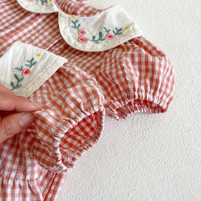 Kleinkind Baby Mädchen Grid Stickerei Kleider Sommer Mädchen Baby Romper Kleinkinder Baumwolle Kurzarm einteiliges Strampler – Detail 10