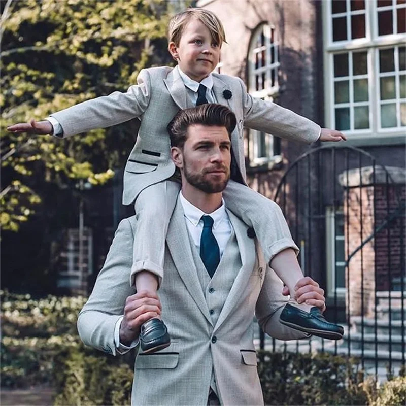 Father And Son Suits 3-piece Custom Made Light Gray Cotton Blend Formal Blazer Notched Lapel Men Suits For Father And Son