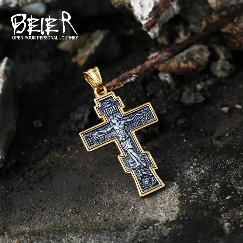 Beier Jesus Cross Men\'s  Stainless Steel Crucifix Eastern Orthodox  Pendant Chain Necklace Jewelry LLBP8-210P