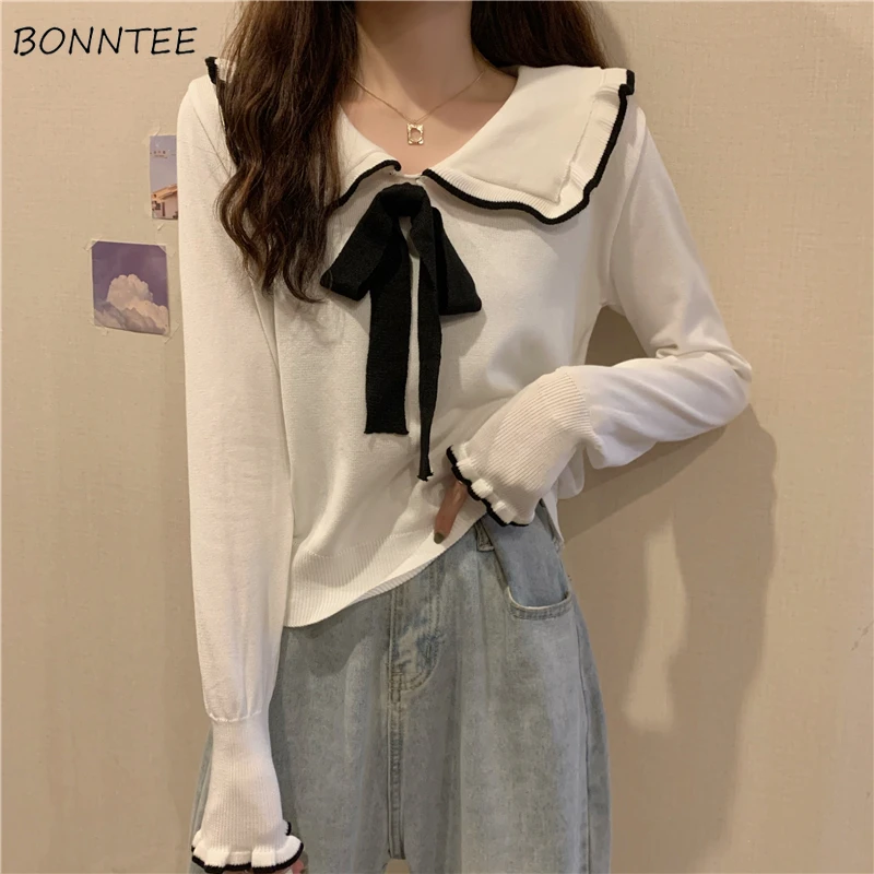 Y2k Pullovers Women Bow All-match Basic Sweater Flare Sleeve BF Peter Pan Collar Knitting Harajuku Spring Soft Clothing Elegant