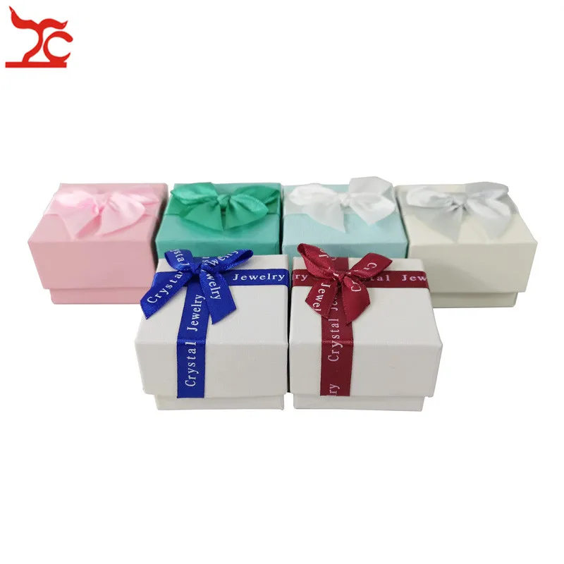 Fashion Color Paper Jewelry Gift Box Pink White Blue Ring Storage Organizer Gift Ribbon Box 5*5*3.8cm Wholesale 24Pcs/lot