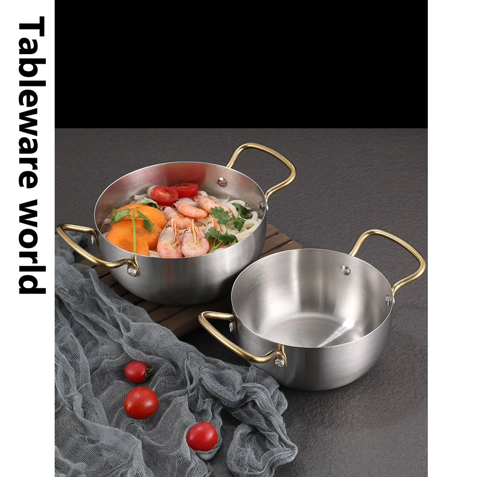 Korean Style Golden Stainless Steel Double Ear Pot Household Stew Soup Ramen Pot Creative Induction Cooker Instant Noodle Pot